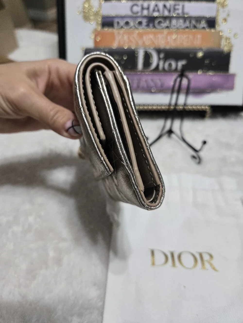 🔥 Christian Dior Lady Dior Cannage Pattern Metallic Compact Wallet EXCELLENT 🔥
